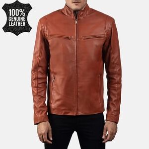 Men’s Brown Sheepskin Leather Jacket, Classic Biker Style, Real Lambskin